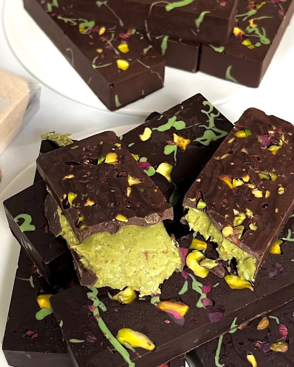 Close-up of chocolate pistachio kunafa bars